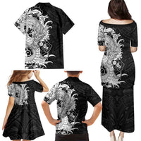 Hawaiian And Japanese Culture Family Matching Puletasi and Hawaiian Shirt Irezumi Dragon With Polynesian Pattern Black - Polynesian Pride