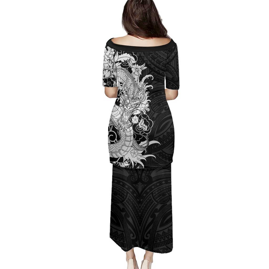 Hawaiian And Japanese Culture Family Matching Puletasi and Hawaiian Shirt Irezumi Dragon With Polynesian Pattern Black - Polynesian Pride