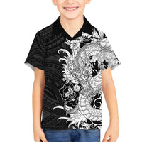 Hawaiian And Japanese Culture Family Matching Puletasi and Hawaiian Shirt Irezumi Dragon With Polynesian Pattern Black - Polynesian Pride