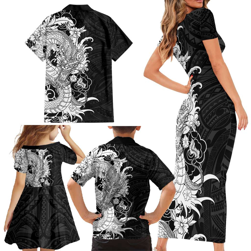 Hawaiian And Japanese Culture Family Matching Short Sleeve Bodycon Dress and Hawaiian Shirt Irezumi Dragon With Polynesian Pattern Black - Polynesian Pride