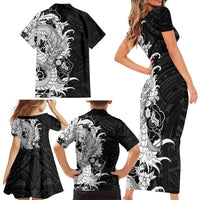 Hawaiian And Japanese Culture Family Matching Short Sleeve Bodycon Dress and Hawaiian Shirt Irezumi Dragon With Polynesian Pattern Black - Polynesian Pride