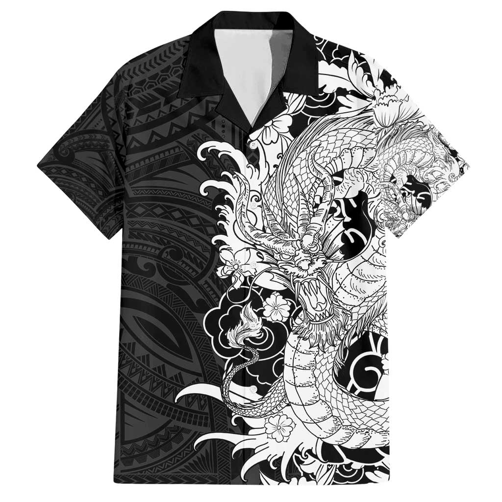 Hawaiian And Japanese Culture Family Matching Short Sleeve Bodycon Dress and Hawaiian Shirt Irezumi Dragon With Polynesian Pattern Black - Polynesian Pride