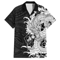 Hawaiian And Japanese Culture Family Matching Short Sleeve Bodycon Dress and Hawaiian Shirt Irezumi Dragon With Polynesian Pattern Black - Polynesian Pride