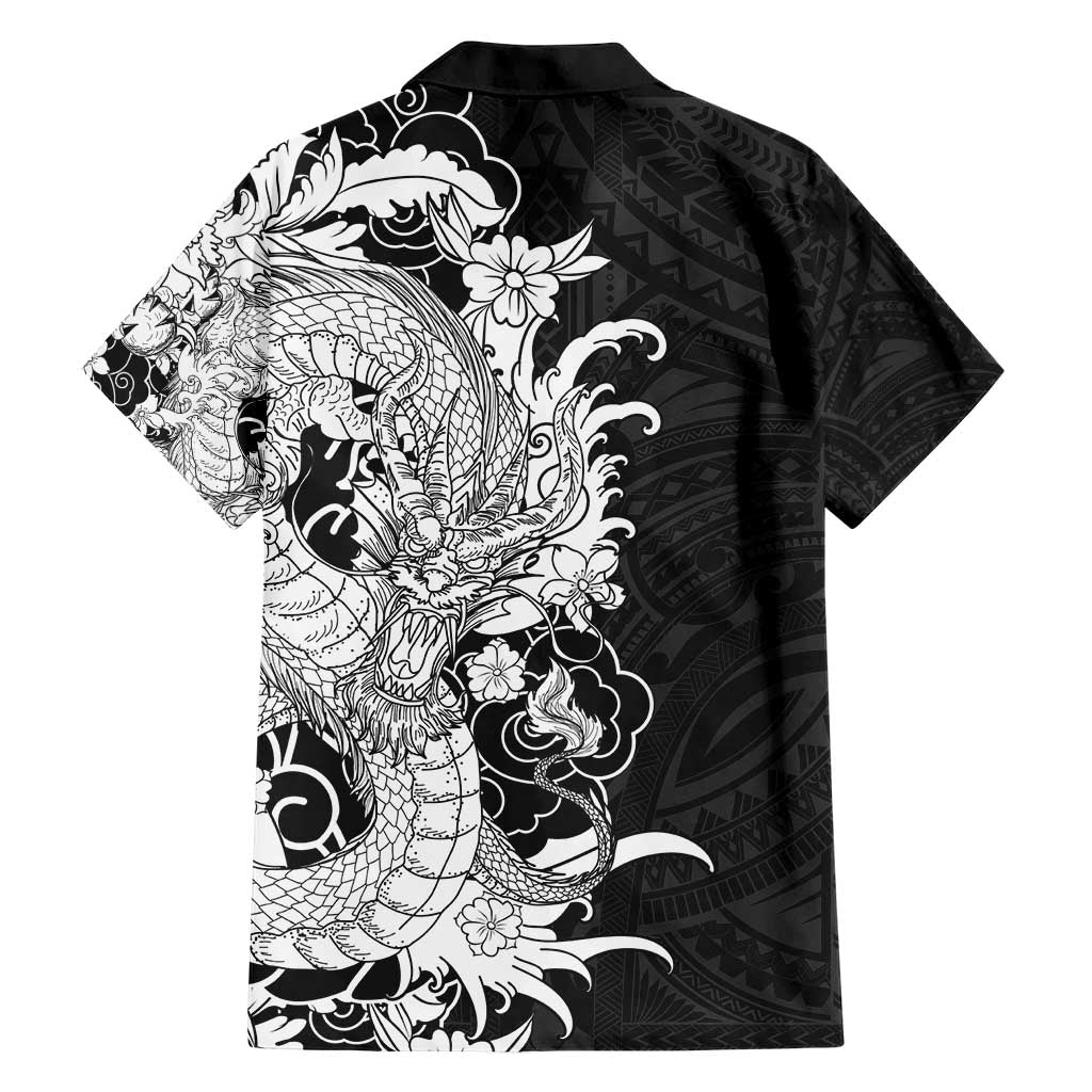 Hawaiian And Japanese Culture Family Matching Short Sleeve Bodycon Dress and Hawaiian Shirt Irezumi Dragon With Polynesian Pattern Black - Polynesian Pride