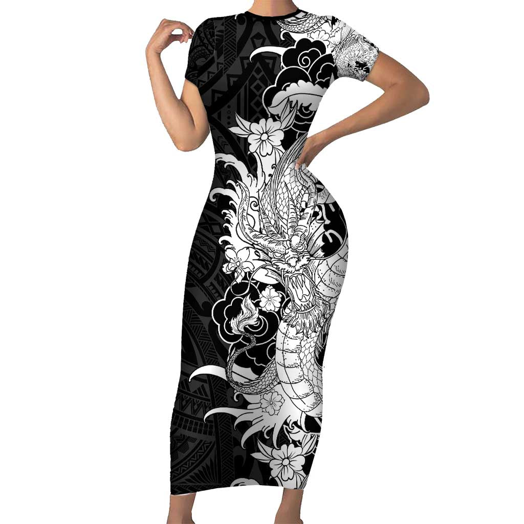 Hawaiian And Japanese Culture Family Matching Short Sleeve Bodycon Dress and Hawaiian Shirt Irezumi Dragon With Polynesian Pattern Black - Polynesian Pride