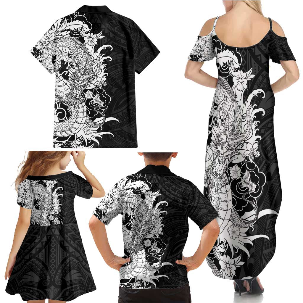 Hawaiian And Japanese Culture Family Matching Summer Maxi Dress and Hawaiian Shirt Irezumi Dragon With Polynesian Pattern Black - Polynesian Pride