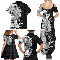 Hawaiian And Japanese Culture Family Matching Summer Maxi Dress and Hawaiian Shirt Irezumi Dragon With Polynesian Pattern Black - Polynesian Pride
