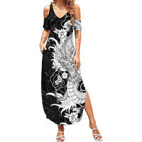 Hawaiian And Japanese Culture Family Matching Summer Maxi Dress and Hawaiian Shirt Irezumi Dragon With Polynesian Pattern Black - Polynesian Pride