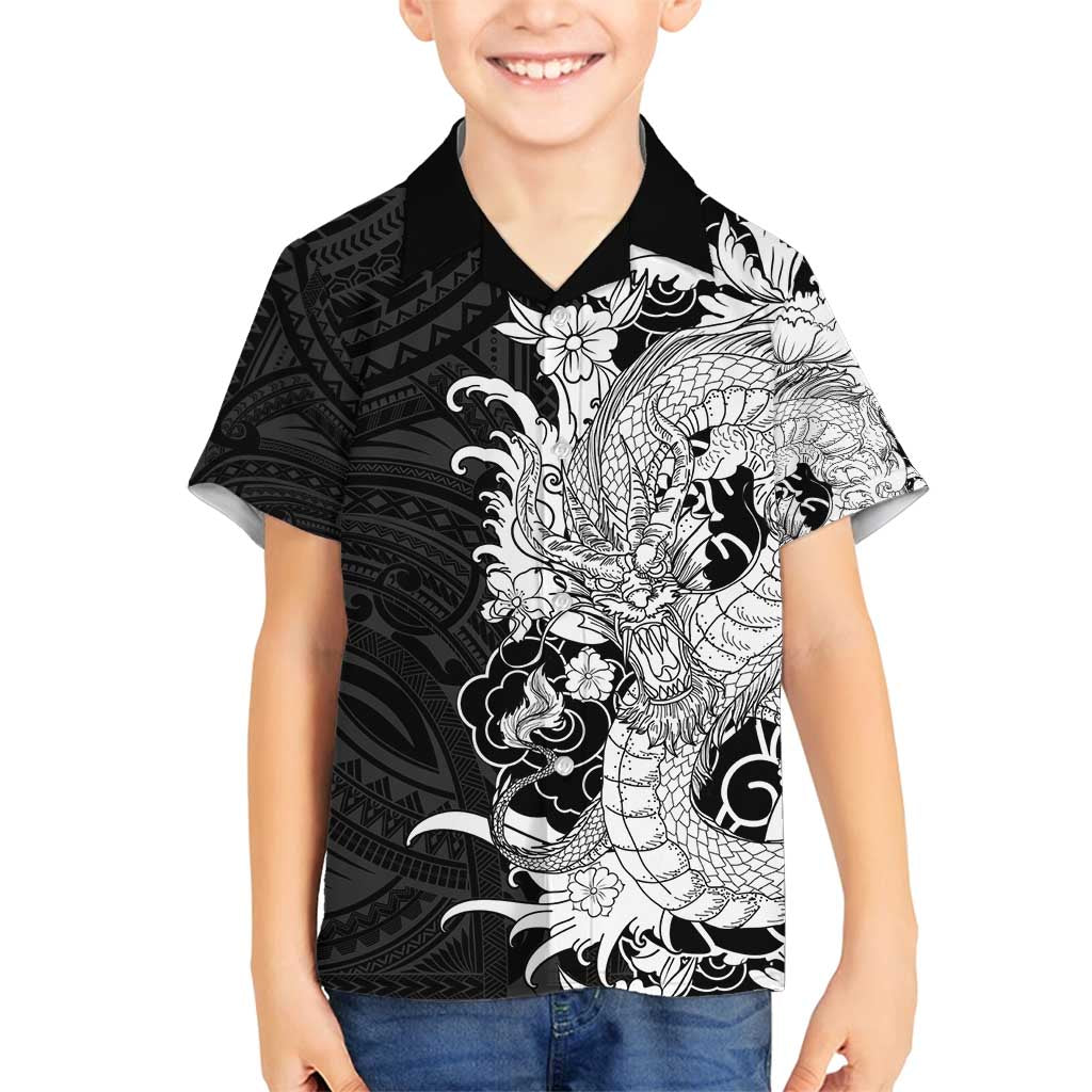 Hawaiian And Japanese Culture Family Matching Tank Maxi Dress and Hawaiian Shirt Irezumi Dragon With Polynesian Pattern Black - Polynesian Pride