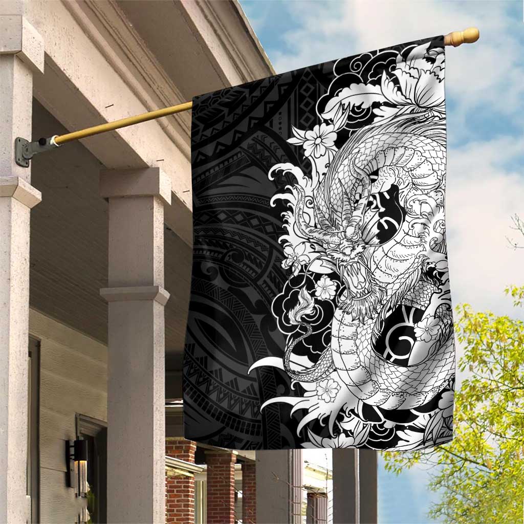 Hawaiian And Japanese Culture Garden Flag Irezumi Dragon With Polynesian Pattern Black LT05 House Flag Black - Polynesian Pride