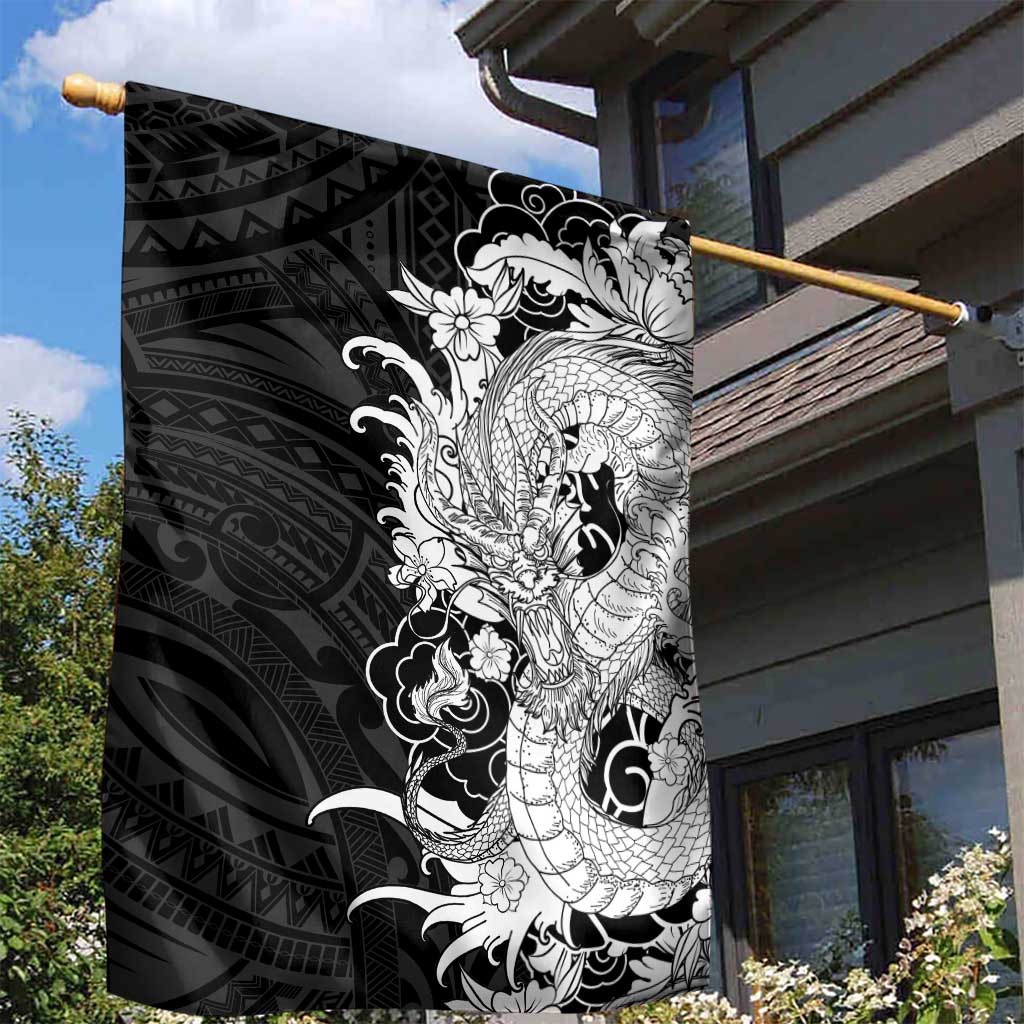 Hawaiian And Japanese Culture Garden Flag Irezumi Dragon With Polynesian Pattern Black - Polynesian Pride