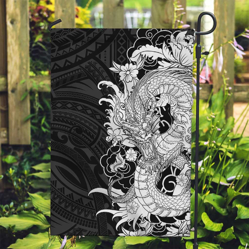 Hawaiian And Japanese Culture Garden Flag Irezumi Dragon With Polynesian Pattern Black - Polynesian Pride