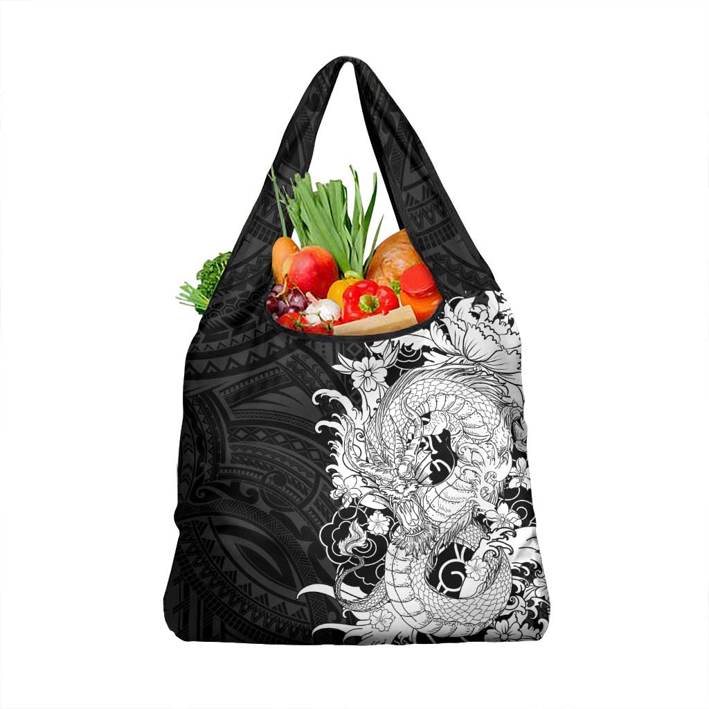 Hawaiian And Japanese Culture Grocery Bag Irezumi Dragon With Polynesian Pattern Black LT05 1-pack One Size Black - Polynesian Pride