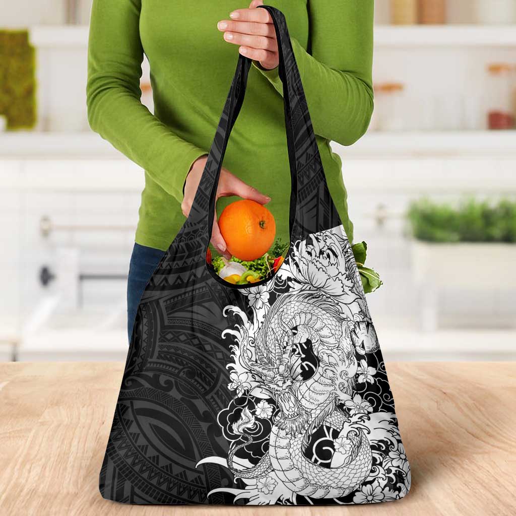 Hawaiian And Japanese Culture Grocery Bag Irezumi Dragon With Polynesian Pattern Black - Polynesian Pride