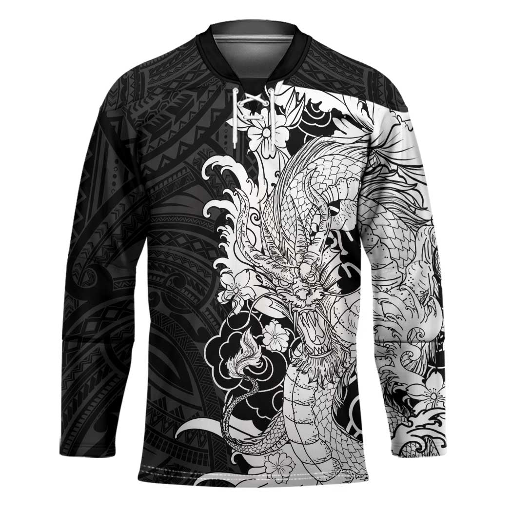 Hawaiian And Japanese Culture Hockey Jersey Irezumi Dragon With Polynesian Pattern Black LT05 Unisex Black - Polynesian Pride
