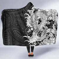 Hawaiian And Japanese Culture Hooded Blanket Irezumi Dragon With Polynesian Pattern Black - Polynesian Pride