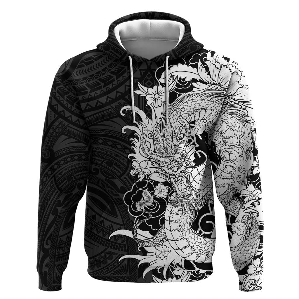 Hawaiian And Japanese Culture Hoodie Irezumi Dragon With Polynesian Pattern Black - Polynesian Pride