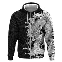 Hawaiian And Japanese Culture Hoodie Irezumi Dragon With Polynesian Pattern Black - Polynesian Pride
