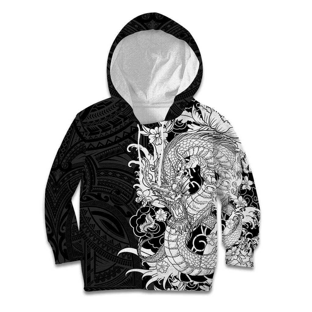 Hawaiian And Japanese Culture Kid Hoodie Irezumi Dragon With Polynesian Pattern Black LT05 Hoodie Black - Polynesian Pride