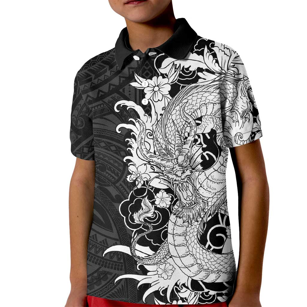 Hawaiian And Japanese Culture Kid Polo Shirt Irezumi Dragon With Polynesian Pattern Black LT05 Kid Black - Polynesian Pride