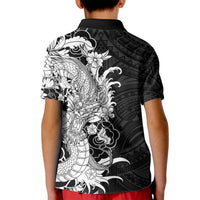 Hawaiian And Japanese Culture Kid Polo Shirt Irezumi Dragon With Polynesian Pattern Black - Polynesian Pride