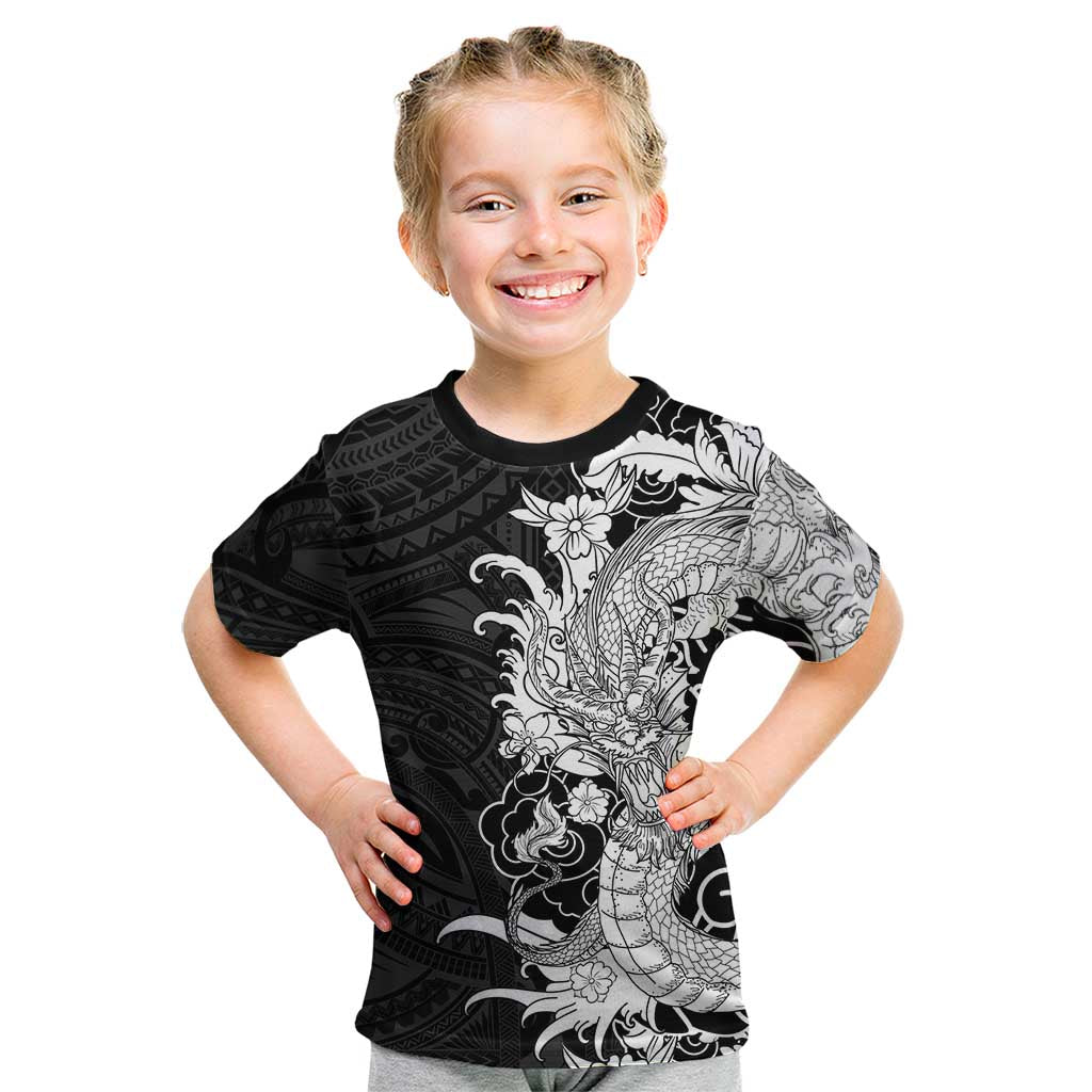 Hawaiian And Japanese Culture Kid T Shirt Irezumi Dragon With Polynesian Pattern Black LT05 Black - Polynesian Pride