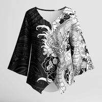 Hawaiian And Japanese Culture Kimono Sleeve Blouse Irezumi Dragon With Polynesian Pattern Black - Polynesian Pride
