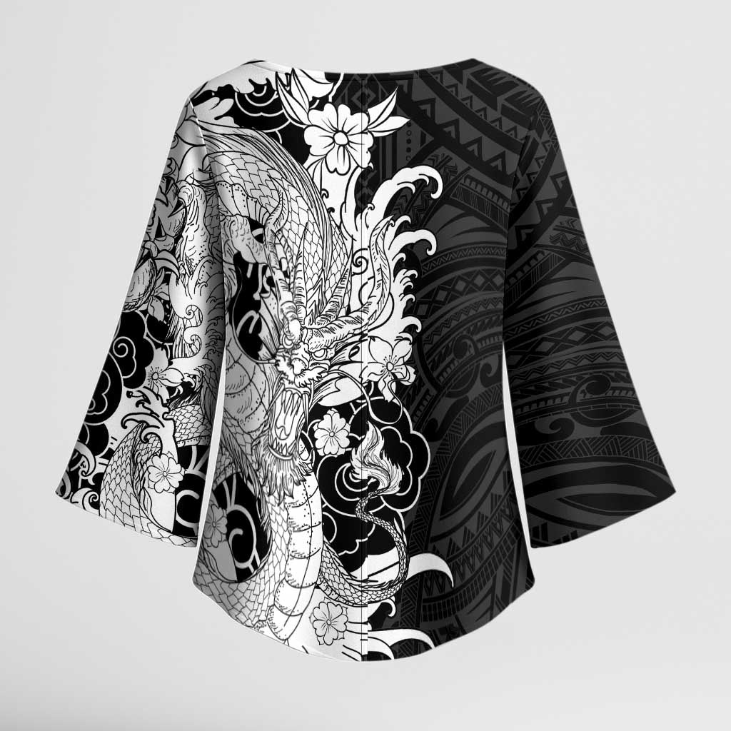 Hawaiian And Japanese Culture Kimono Sleeve Blouse Irezumi Dragon With Polynesian Pattern Black - Polynesian Pride