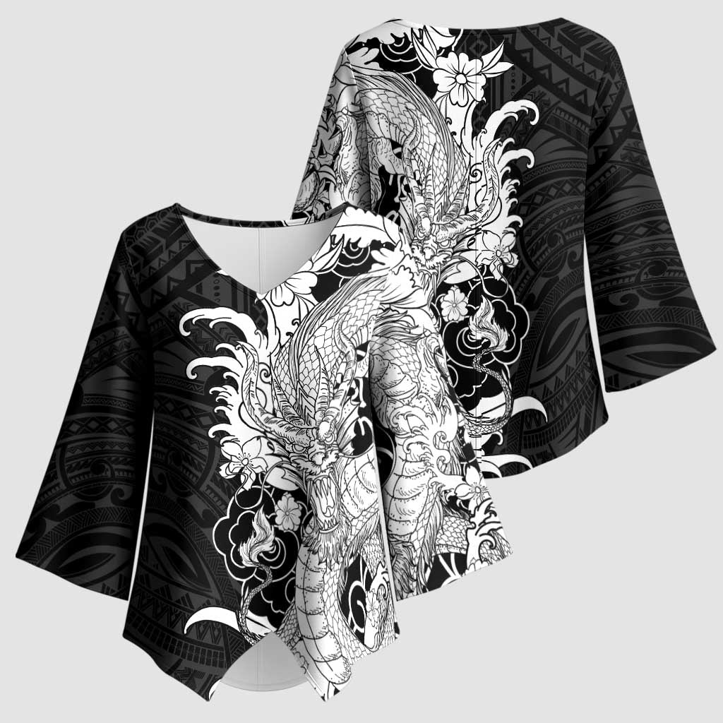 Hawaiian And Japanese Culture Kimono Sleeve Blouse Irezumi Dragon With Polynesian Pattern Black - Polynesian Pride