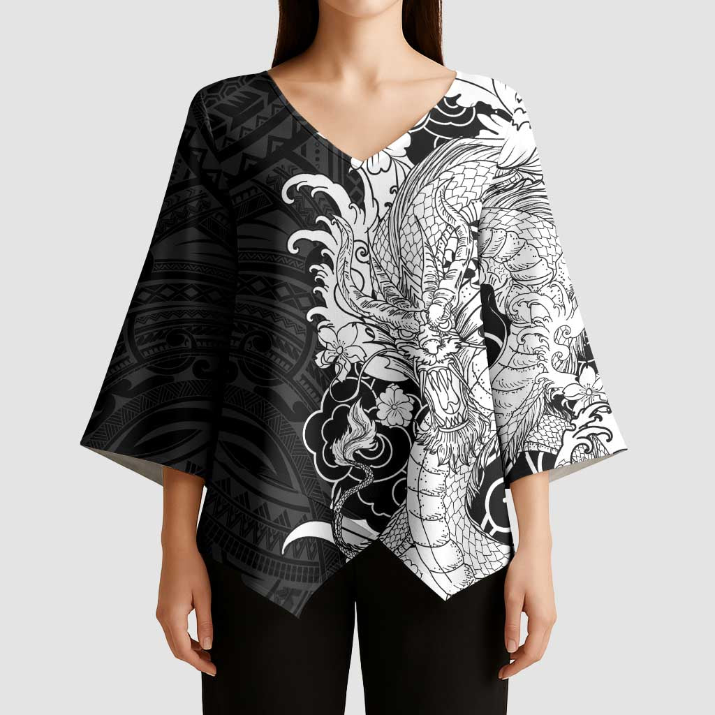 Hawaiian And Japanese Culture Kimono Sleeve Blouse Irezumi Dragon With Polynesian Pattern Black - Polynesian Pride