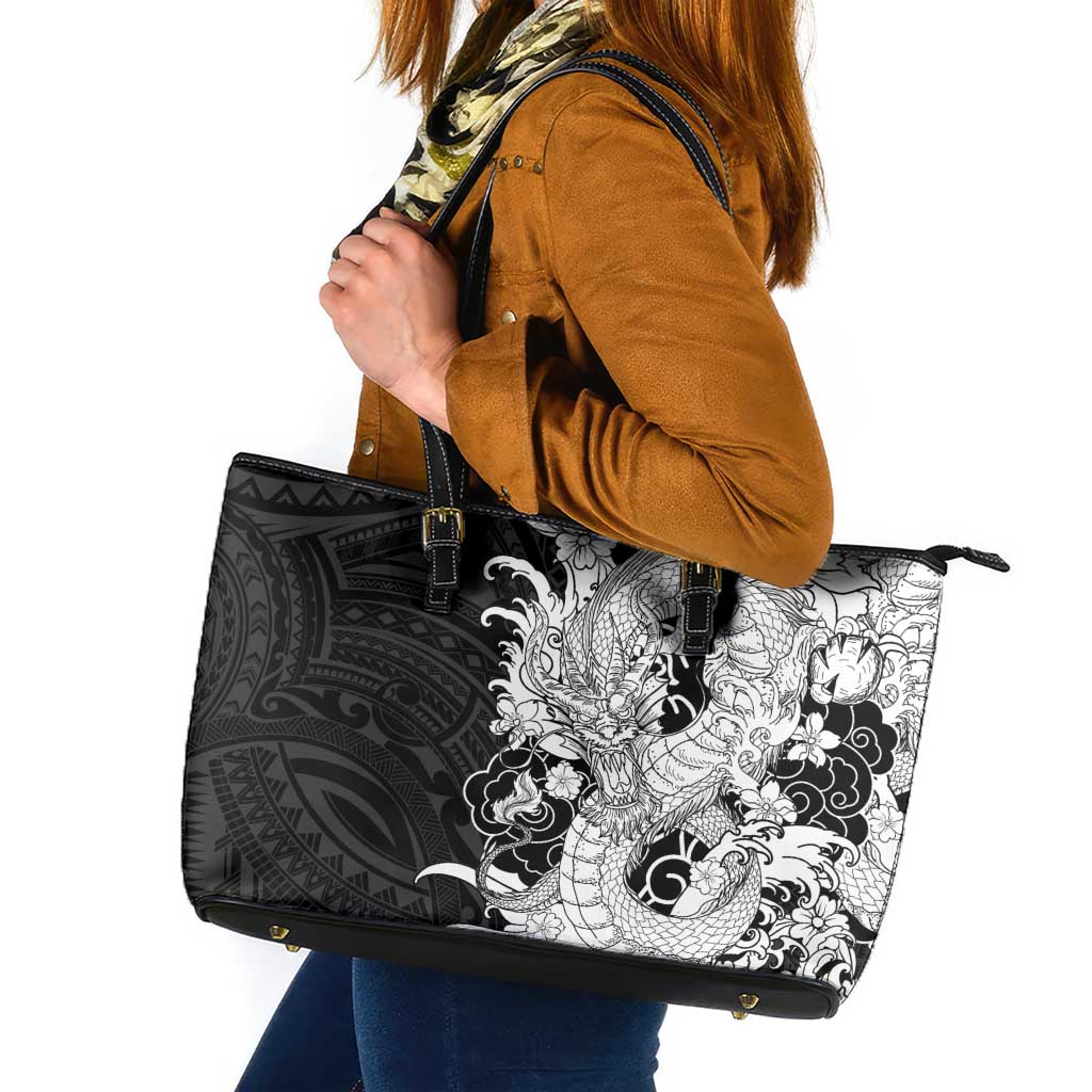 Hawaiian And Japanese Culture Leather Tote Bag Irezumi Dragon With Polynesian Pattern Black LT05 Black - Polynesian Pride