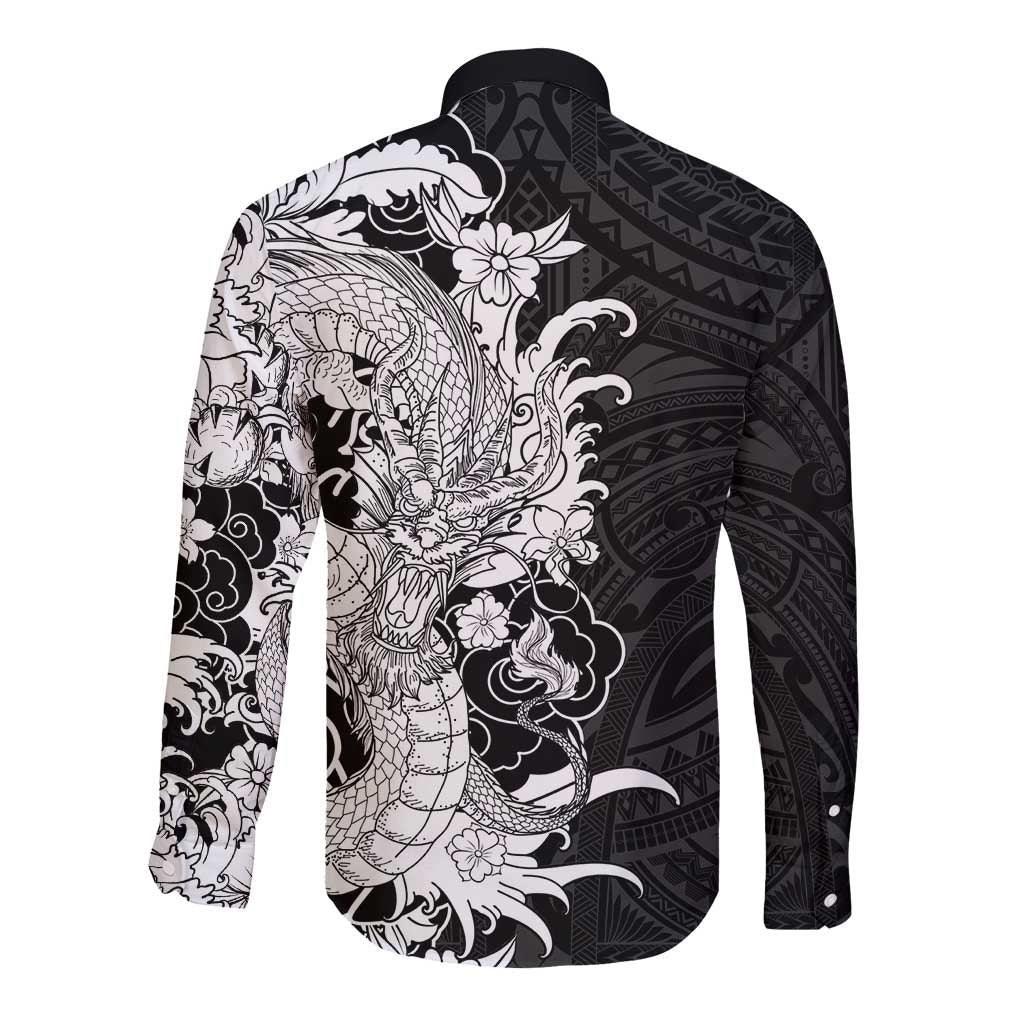 Hawaiian And Japanese Culture Long Sleeve Button Shirt Irezumi Dragon With Polynesian Pattern Black - Polynesian Pride