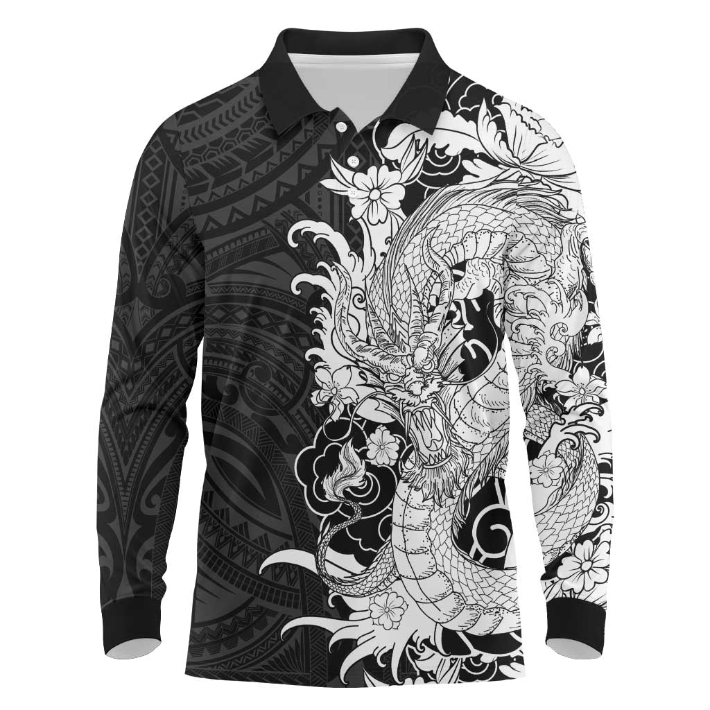 Hawaiian And Japanese Culture Long Sleeve Polo Shirt Irezumi Dragon With Polynesian Pattern Black LT05 Black - Polynesian Pride