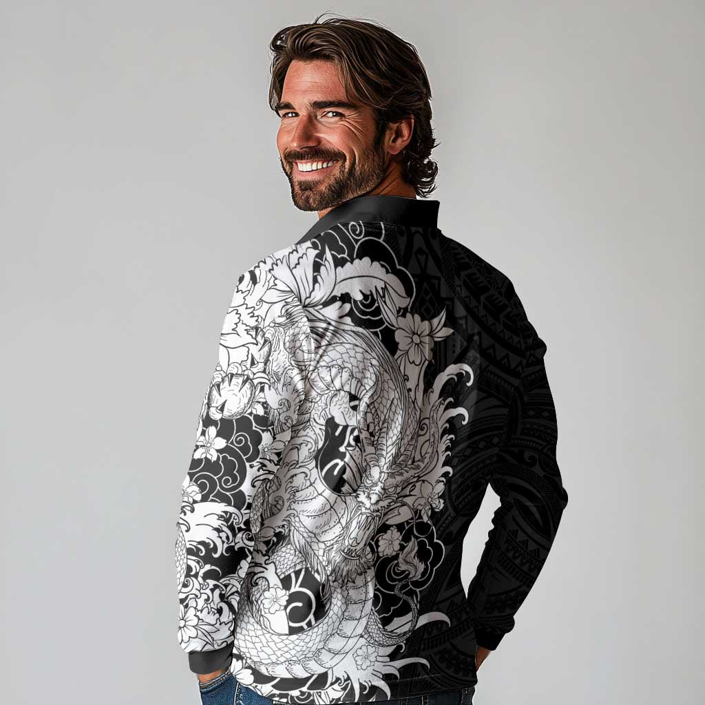 Hawaiian And Japanese Culture Long Sleeve Polo Shirt Irezumi Dragon With Polynesian Pattern Black - Polynesian Pride