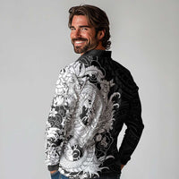 Hawaiian And Japanese Culture Long Sleeve Polo Shirt Irezumi Dragon With Polynesian Pattern Black - Polynesian Pride