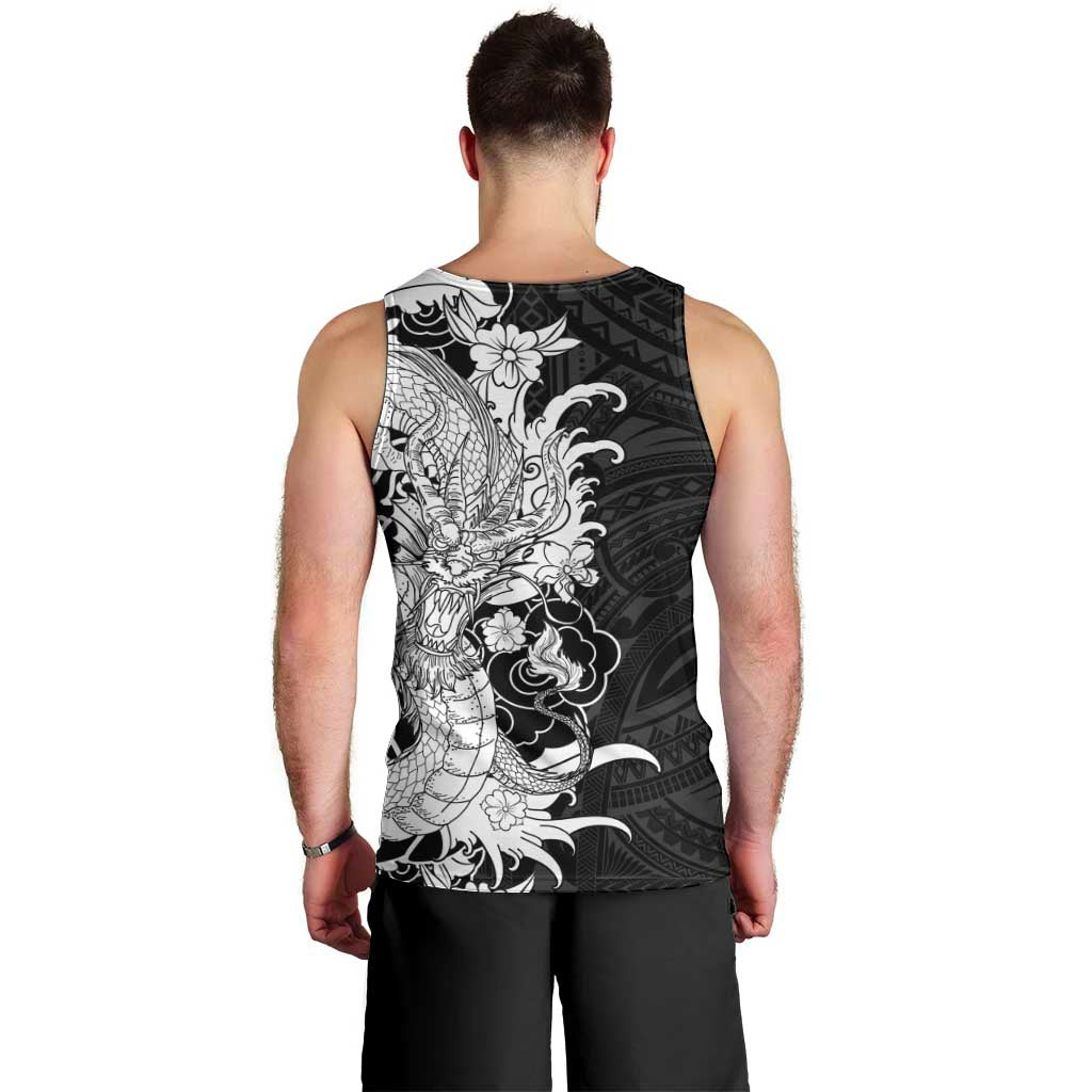 Hawaiian And Japanese Culture Men Tank Top Irezumi Dragon With Polynesian Pattern Black - Polynesian Pride