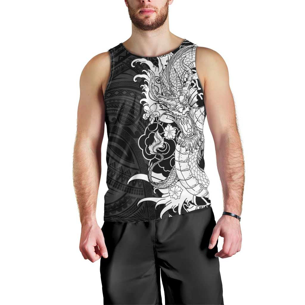 Hawaiian And Japanese Culture Men Tank Top Irezumi Dragon With Polynesian Pattern Black - Polynesian Pride