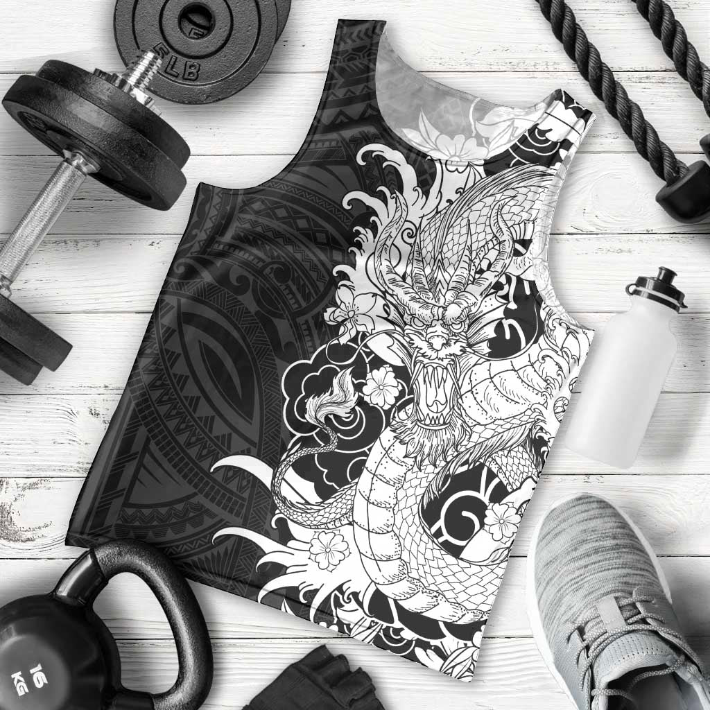 Hawaiian And Japanese Culture Men Tank Top Irezumi Dragon With Polynesian Pattern Black - Polynesian Pride