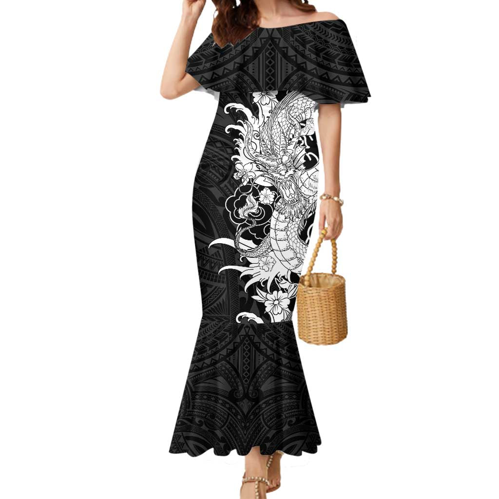 Hawaiian And Japanese Culture Mermaid Dress Irezumi Dragon With Polynesian Pattern Black - Polynesian Pride