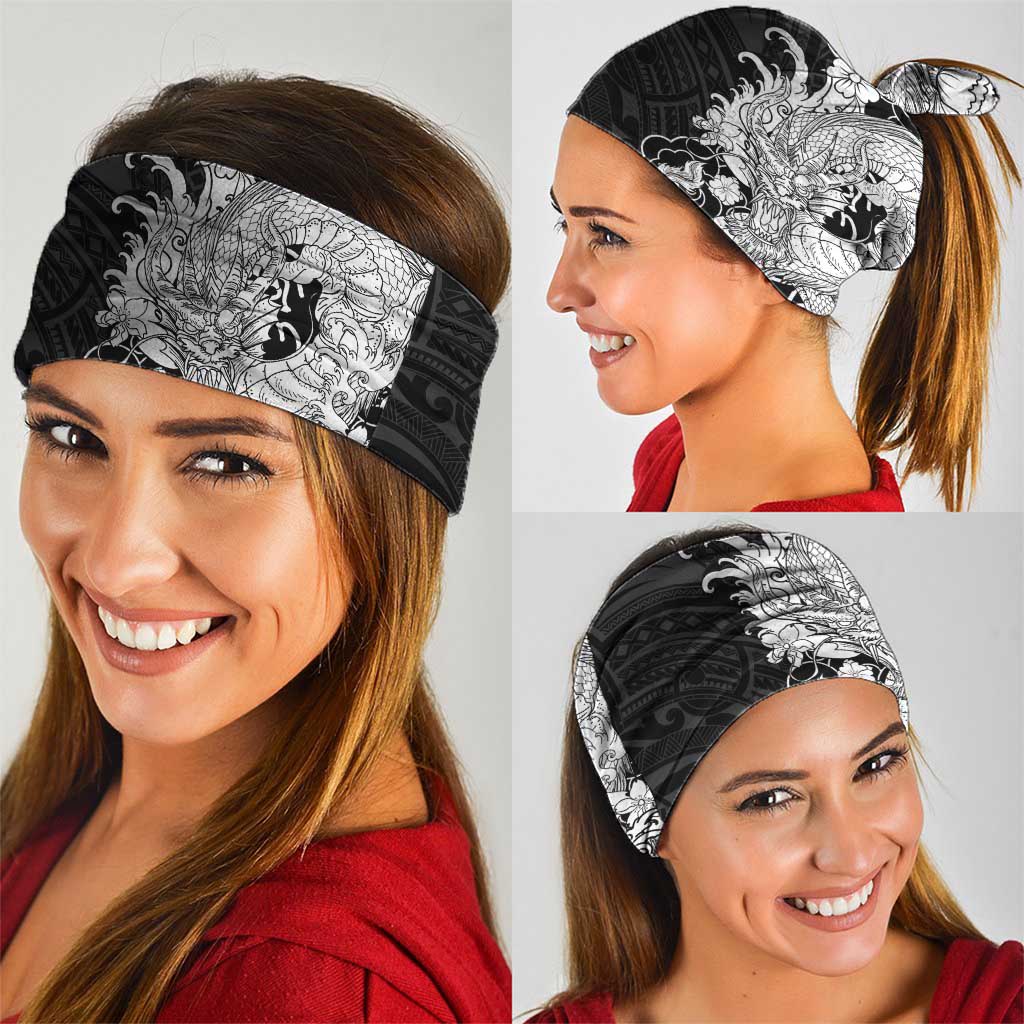 Hawaiian And Japanese Culture Neck Gaiter Irezumi Dragon With Polynesian Pattern Black - Polynesian Pride