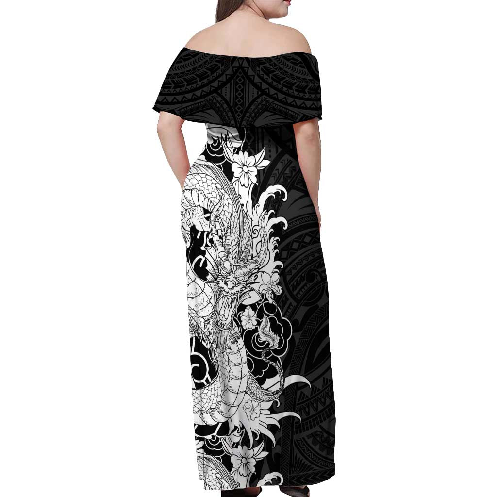 Hawaiian And Japanese Culture Off Shoulder Maxi Dress Irezumi Dragon With Polynesian Pattern Black - Polynesian Pride