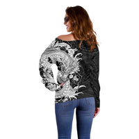 Hawaiian And Japanese Culture Off Shoulder Sweater Irezumi Dragon With Polynesian Pattern Black - Polynesian Pride