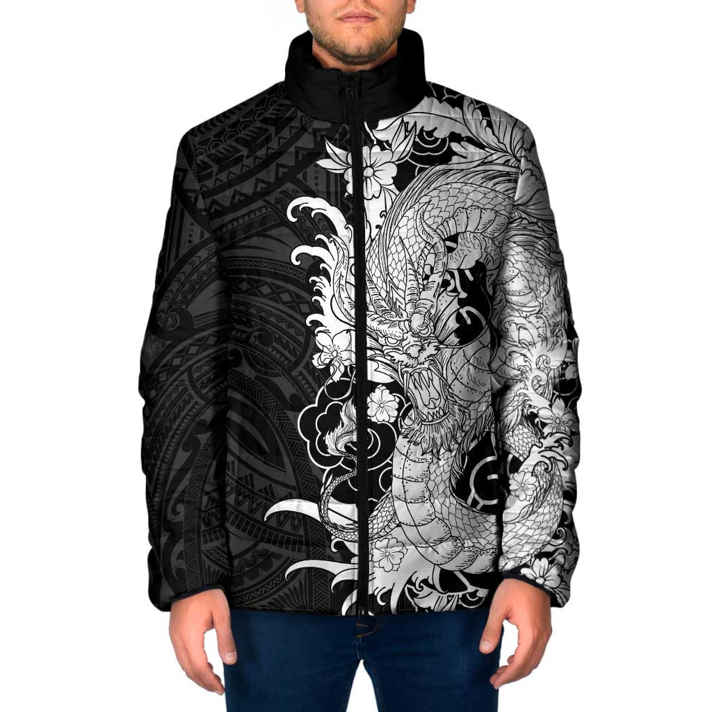 Hawaiian And Japanese Culture Padded Jacket Irezumi Dragon With Polynesian Pattern Black LT05 Men Black - Polynesian Pride