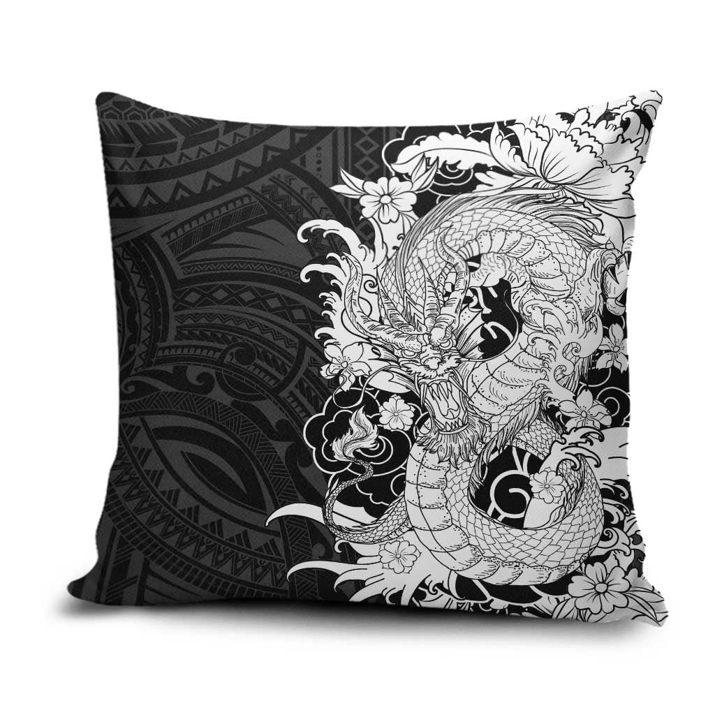 Hawaiian And Japanese Culture Pillow Cover Irezumi Dragon With Polynesian Pattern Black LT05 Black - Polynesian Pride