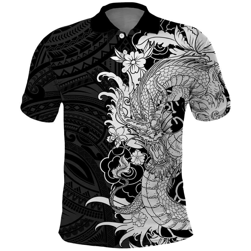 Hawaiian And Japanese Culture Polo Shirt Irezumi Dragon With Polynesian Pattern Black - Polynesian Pride
