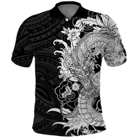 Hawaiian And Japanese Culture Polo Shirt Irezumi Dragon With Polynesian Pattern Black - Polynesian Pride