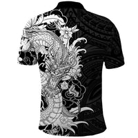 Hawaiian And Japanese Culture Polo Shirt Irezumi Dragon With Polynesian Pattern Black - Polynesian Pride