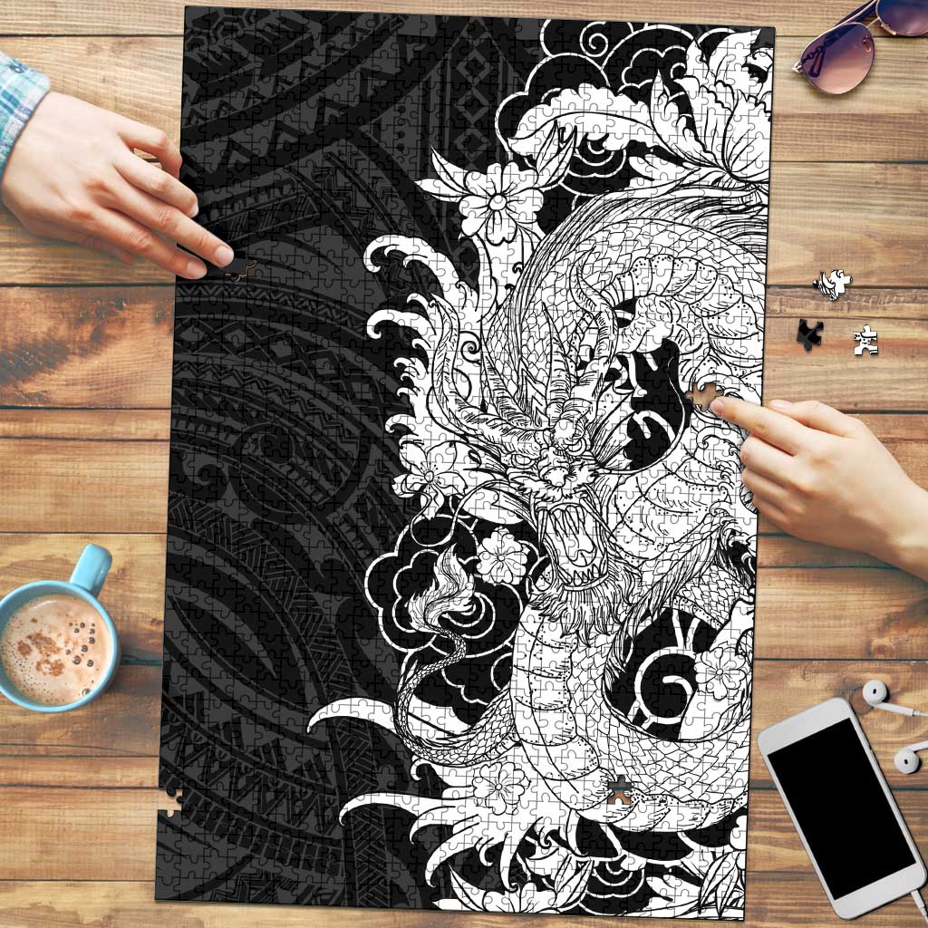 Hawaiian And Japanese Culture Puzzle Irezumi Dragon With Polynesian Pattern Black - Polynesian Pride
