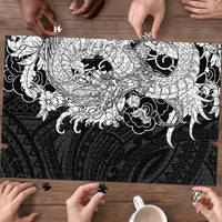 Hawaiian And Japanese Culture Puzzle Irezumi Dragon With Polynesian Pattern Black - Polynesian Pride