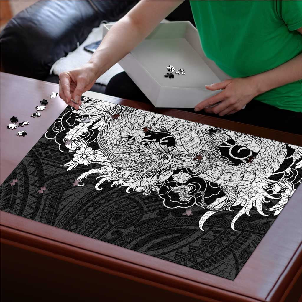 Hawaiian And Japanese Culture Puzzle Irezumi Dragon With Polynesian Pattern Black - Polynesian Pride